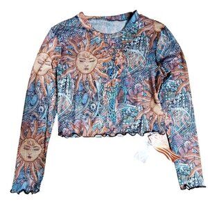 Romwe Sun Cropped Sheer Boho Mesh Top Womens 4‎ Hippie Astrology Zodiac NWT